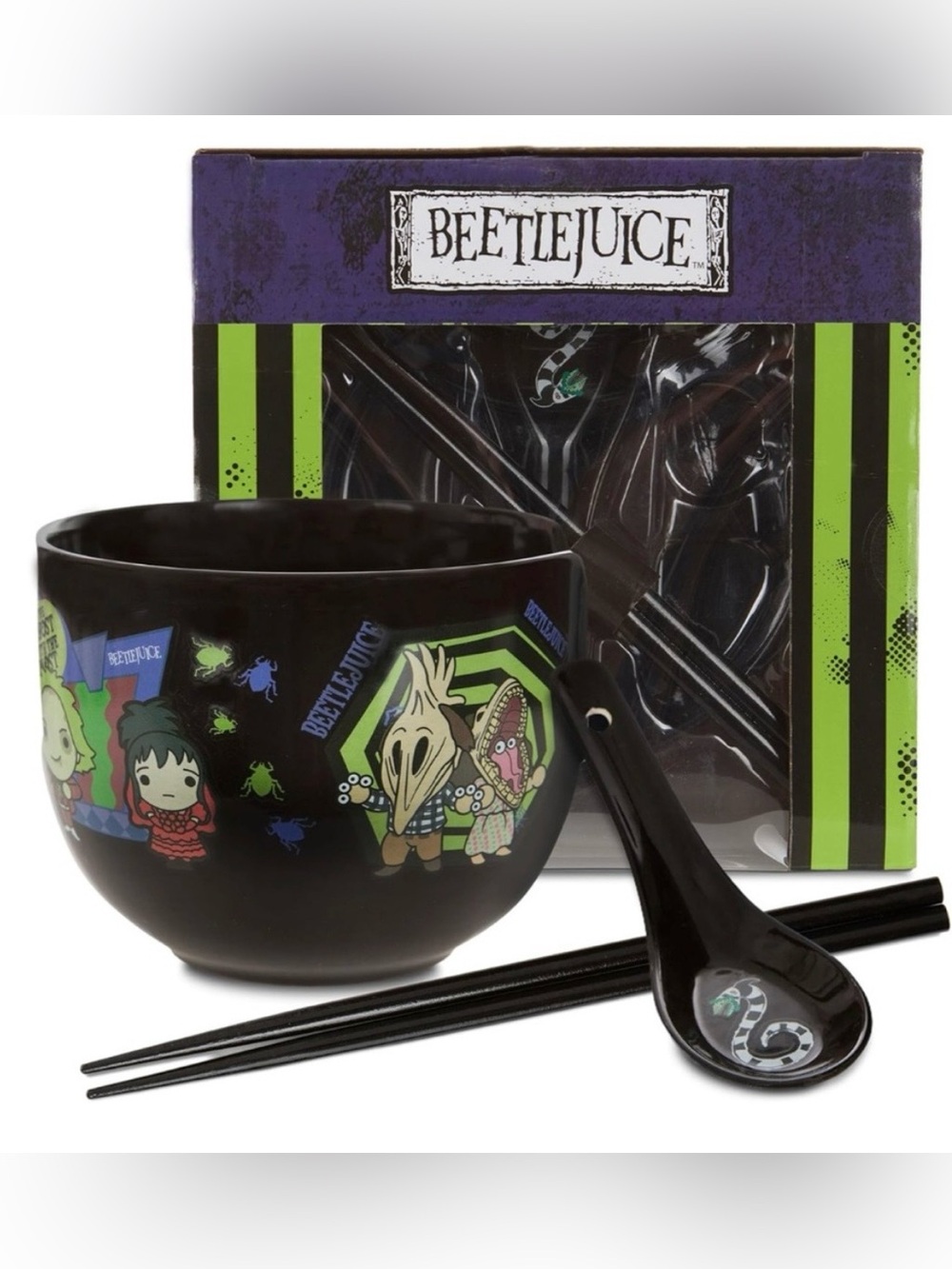 Beetlejuice Ramen Bowl Bundle with Spoon Chopsticks & Topper Comedy Horror New